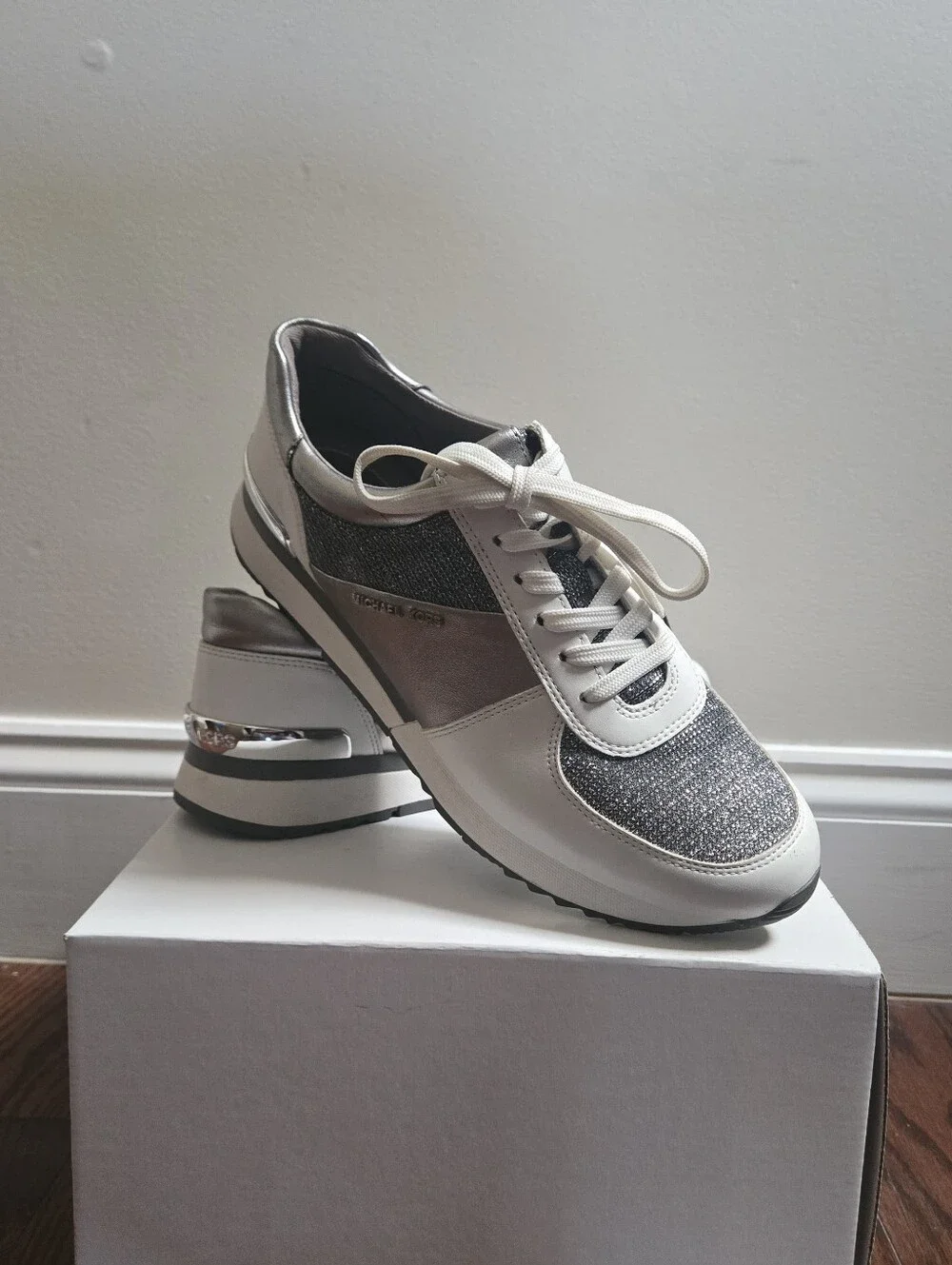 Michael Kors Silver & White Glitter Lace-Up Trainer